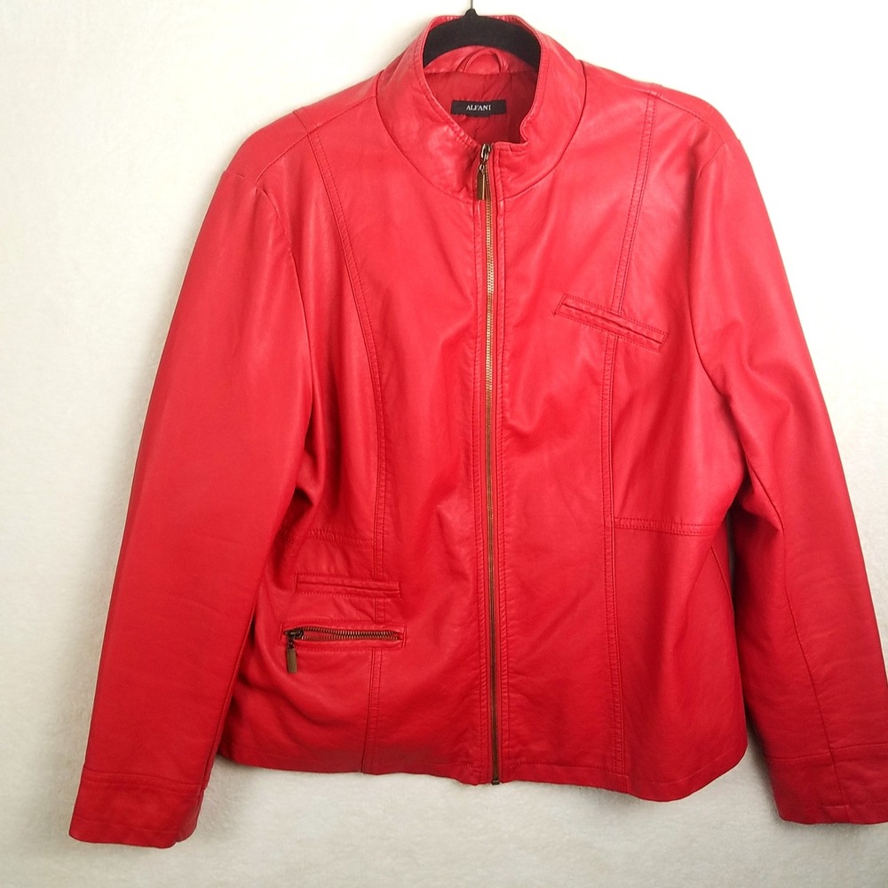 Alfani Red Faux Leather Motorcycle‎ Jacket Women full zip multipocket